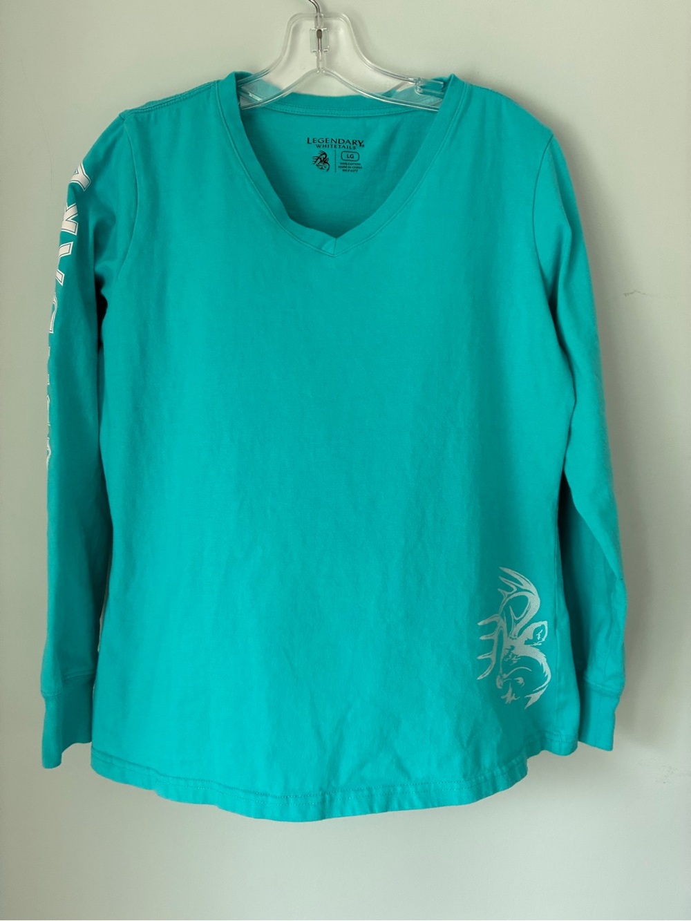 Legendary Whitetails Turquoise V-Neck Long Sleeve Shirt with White Graphics